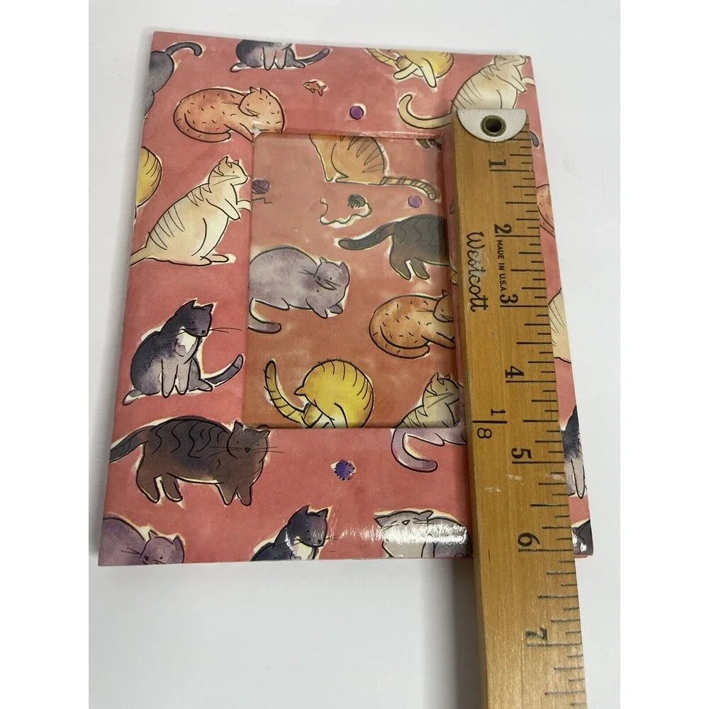 Vintage Cat Print Cartoon Cardboard Coral Red Photo Frame Holds 4